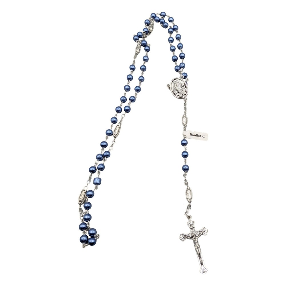 HanlinCC Our Lady of Guadalupe Rosary‎ Blue Faux Pearl Beads Jerusalem Crucifix